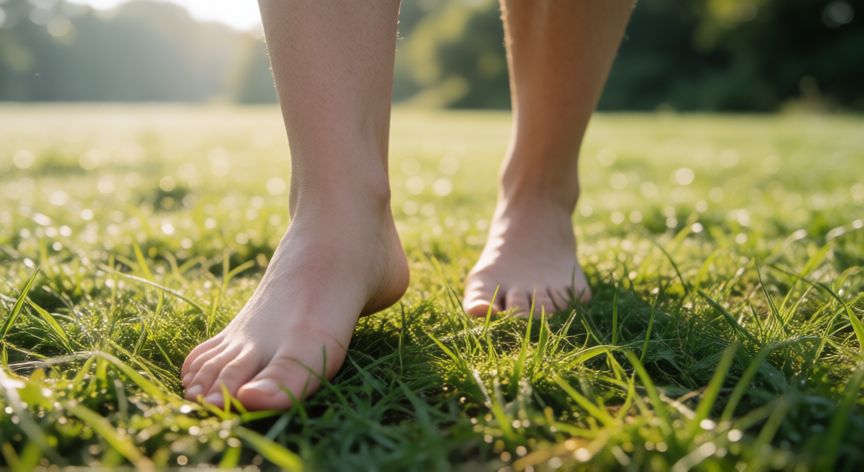 porque es mejor andar descalzo, Pies descalzos caminando sobre la hierba al sol