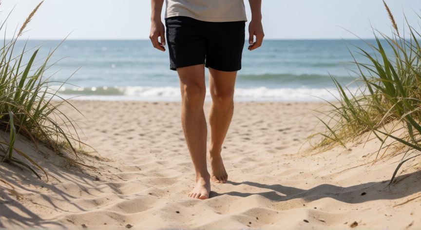 porque es mejor andar descalzo, Persona andando descalza por una playa arenosa