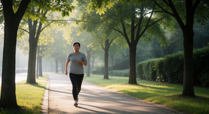 porque es mejor andar que correr, Persona caminando por un parque arbolado en la mañana