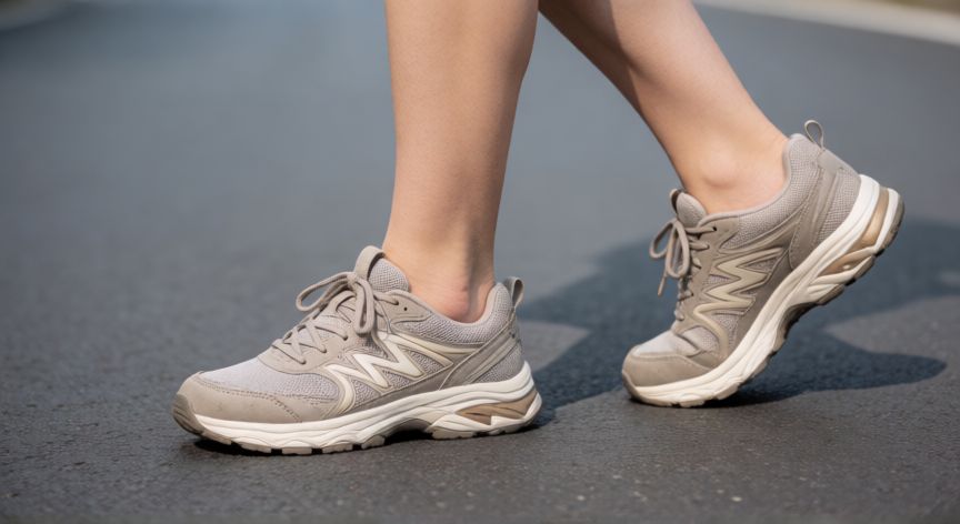 porque es mejor andar que correr, Pies con zapatillas cómodas caminando sobre asfalto