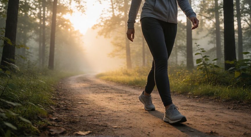 porque es mejor andar que correr para perder grasa, Persona caminando por un sendero forestal al amanecer