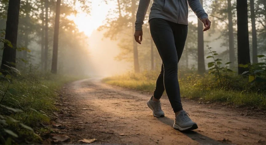 Persona caminando por un sendero forestal al amanecer