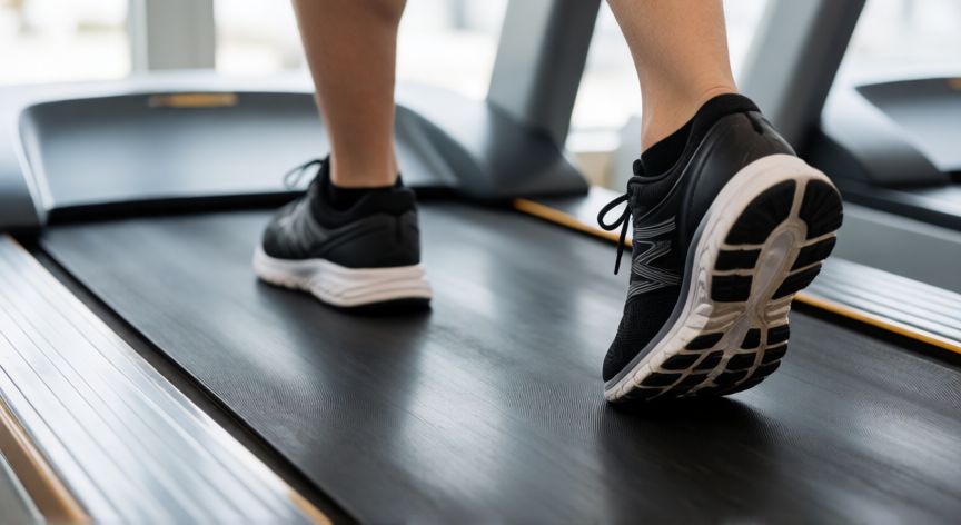 porque es mejor andar que correr para perder grasa, Detalle de pies corriendo en una cinta de gimnasio