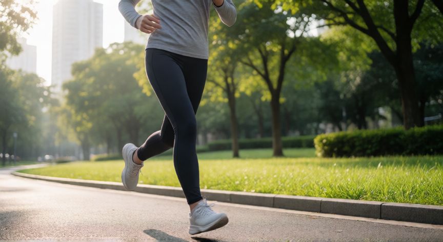 porque es mejor correr que caminar, Persona corriendo en un parque urbano al amanecer con ropa deportiva