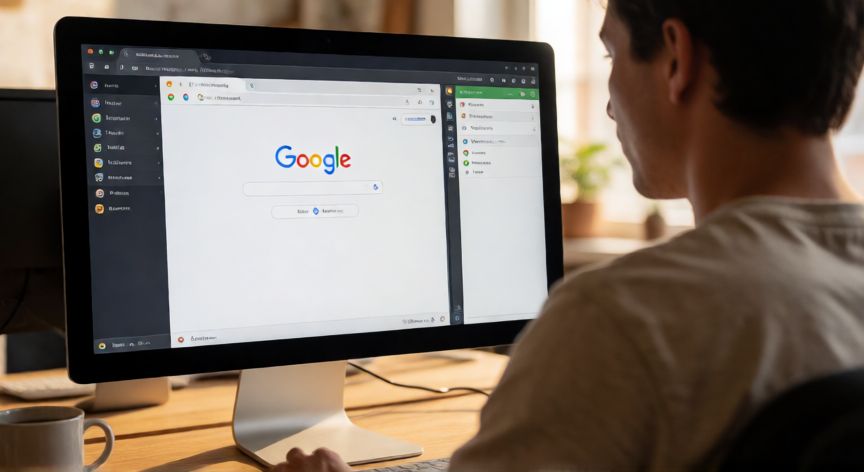 porque google abre otra pestaña, Persona confundida frente al ordenador con múltiples pestañas abiertas en el navegador