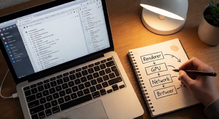 porque google abre tantos procesos, Diagrama de arquitectura multiproceso de Chrome dibujado a mano junto a un portátil con varias pestañas abiertas
