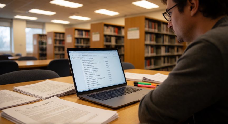 porque google academico es una fuente confiable, Investigador consultando artículos científicos en Google Scholar en una biblioteca universitaria