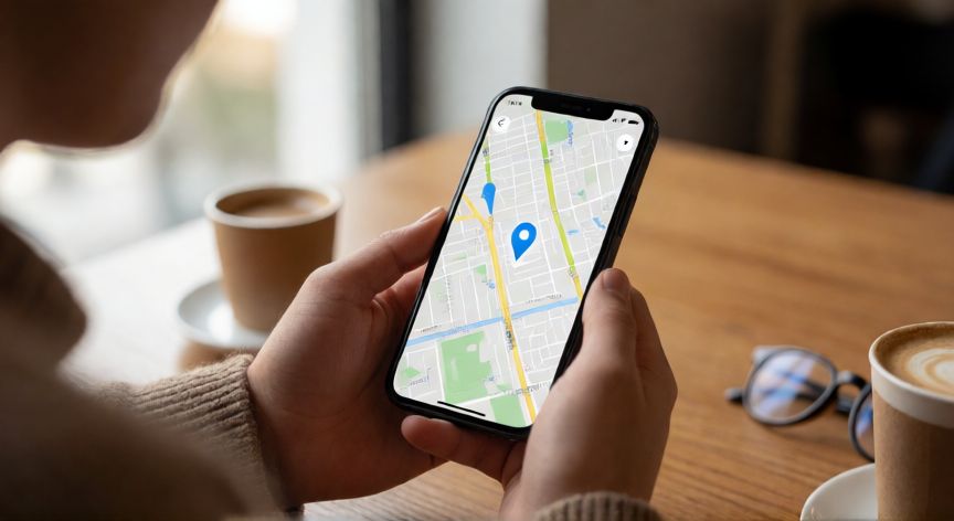 porque google accede a mi ubicación, Persona mirando una aplicación de mapas en su teléfono con un pin de ubicación activa