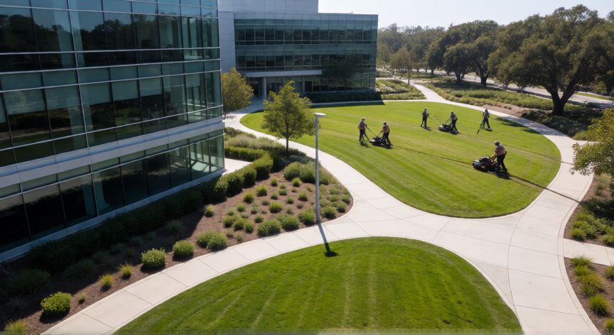 porque google alquila cabras, Vista aérea de un campus corporativo con equipo de jardinería profesional manteniendo los jardines