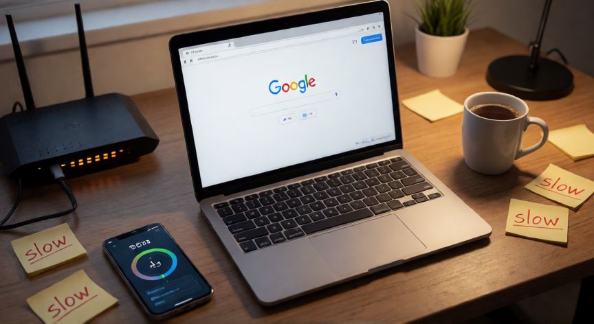 porque google anda lento, Mesa de trabajo con laptop mostrando página de carga de Google, router con luces naranjas y móvil con test de velocidad bajo