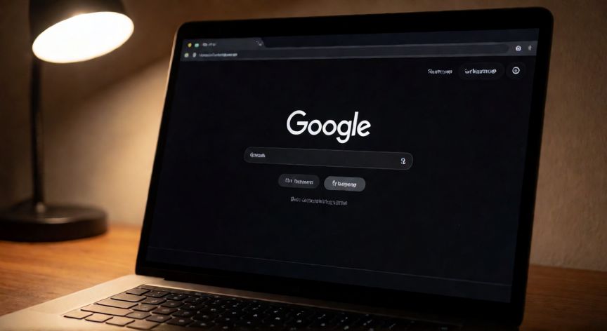 porque google aparece con fondo negro, Ordenador portátil mostrando la página de inicio de Google en modo oscuro con fondo negro sobre un escritorio iluminado tenuemente