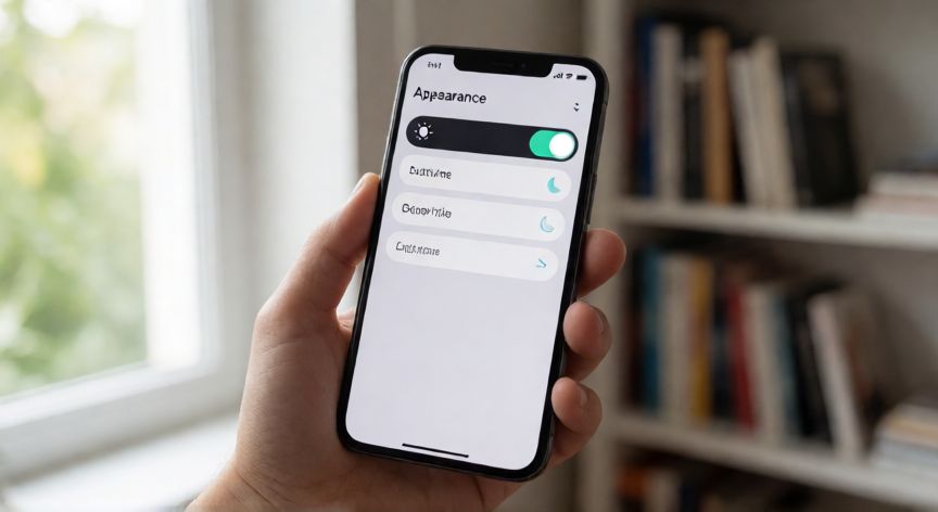 porque google aparece con fondo negro, Mano sosteniendo un smartphone donde se cambia el tema del sistema de oscuro a claro en la configuración de apariencia