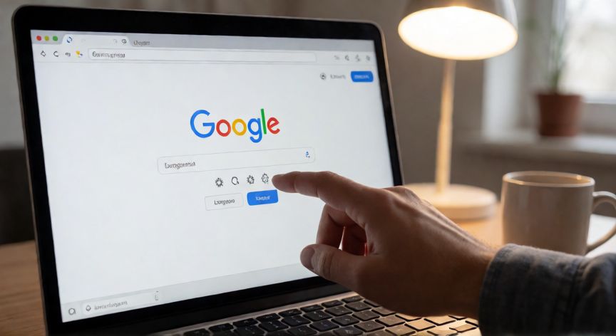 porque google aparece en otro idioma, Pantalla de Google mostrando la interfaz en inglés con el cursor sobre la configuración de idioma