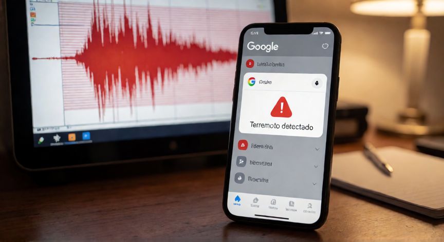 porque google aviso del terremoto, Móvil mostrando la notificación de alerta sísmica de Google sobre un escritorio con un sismógrafo al fondo