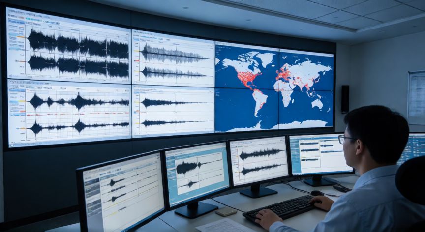 porque google aviso del terremoto, Sala de monitoreo sísmico con pantallas de datos en tiempo real y mapa mundial marcando epicentros