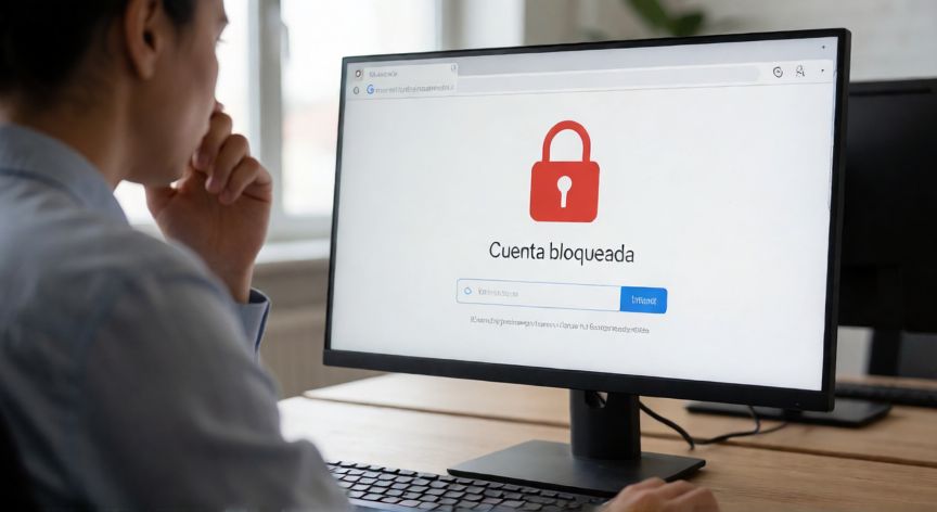 porque google bloquea cuentas, Persona frente a una pantalla con aviso de cuenta Google bloqueada