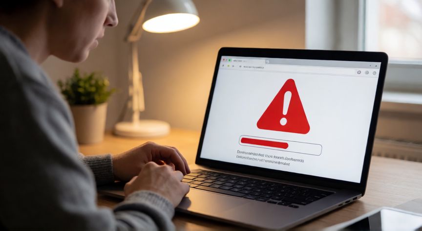 porque google bloquea mis descargas, Persona viendo una advertencia de seguridad en el navegador al intentar descargar un archivo
