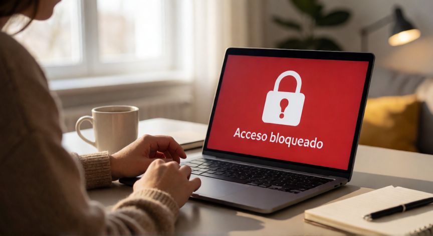 porque google bloqueo mi cuenta, Persona frustrada frente a un portátil mostrando mensaje de cuenta bloqueada por Google