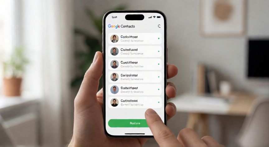 porque google borra mis contactos, Mano restaurando contactos desde la papelera de Google Contacts en un móvil