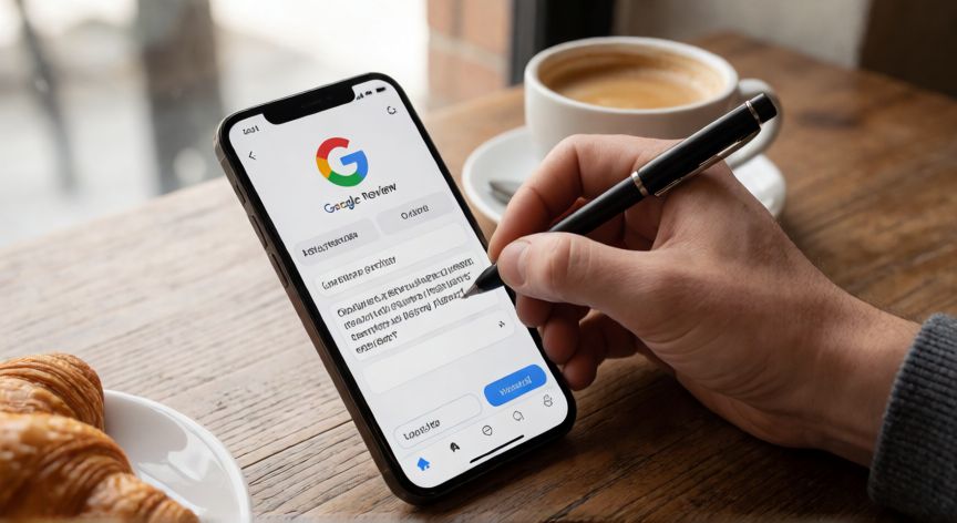 porque google borra reseñas, Mano escribiendo una reseña detallada en el móvil sobre la mesa de una cafetería