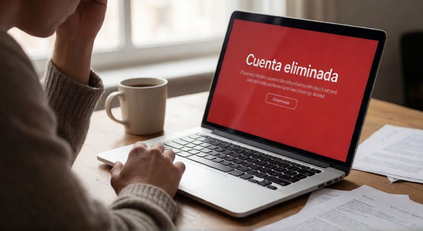 porque google borro mi cuenta, Persona frustrada frente a un portátil mostrando el mensaje de cuenta eliminada de Google