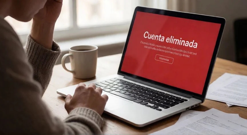 Persona frustrada frente a un portátil mostrando el mensaje de cuenta eliminada de Google