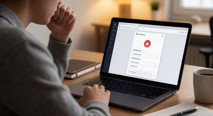porque google borro mis contraseñas guardadas, Persona revisando el gestor de contraseñas de Chrome donde aparecen credenciales eliminadas con icono de advertencia