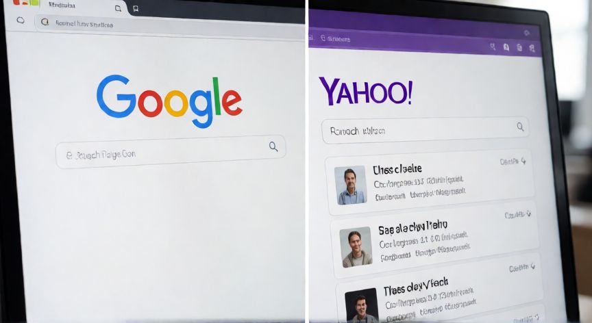 porque google busca en yahoo, Comparación visual de las interfaces de búsqueda de Google y Yahoo mostrando resultados diferentes para la misma consulta