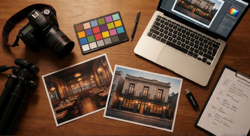 porque google business rechaza mis fotos, Espacio de trabajo de fotógrafo con fotos del negocio listas para subir a Google Business Profile