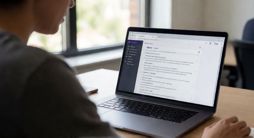 porque google chrome busca con yahoo, Persona confundida frente a una laptop mostrando resultados de búsqueda de Yahoo en Chrome