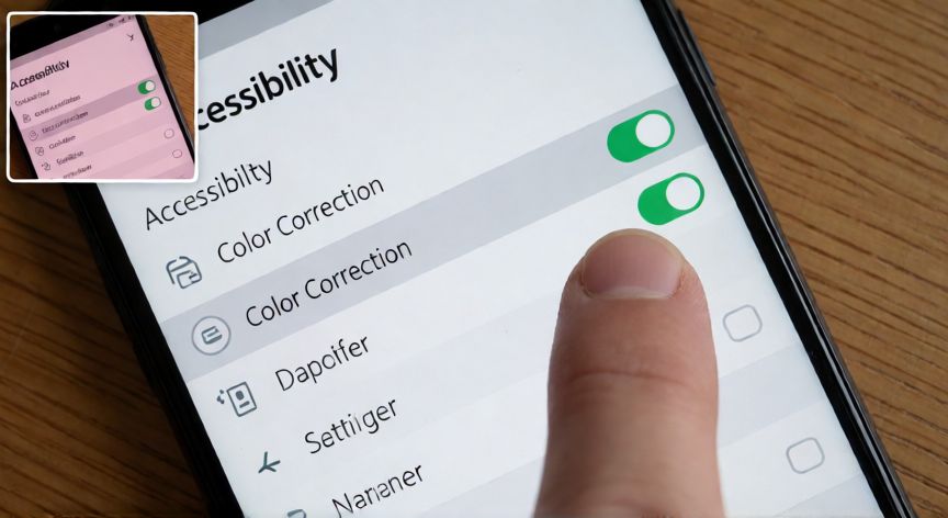 porque google chrome se ve rosa android, Pantalla de ajustes de accesibilidad de Android con la opción de corrección de color seleccionada