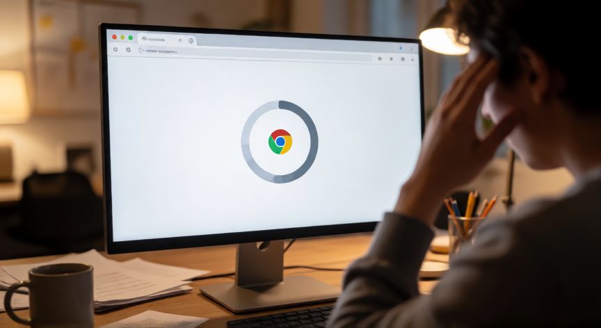 porque google chrome tarda tanto en abrir, Persona frustrada esperando a que se abra Google Chrome en su ordenador