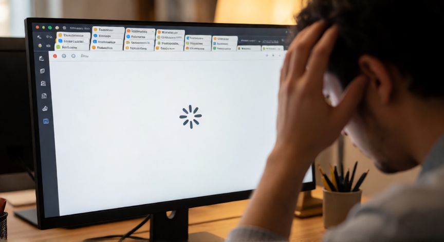 porque google chrome va lento, Persona frustrada frente a un ordenador con demasiadas pestañas abiertas en Google Chrome cargando lentamente