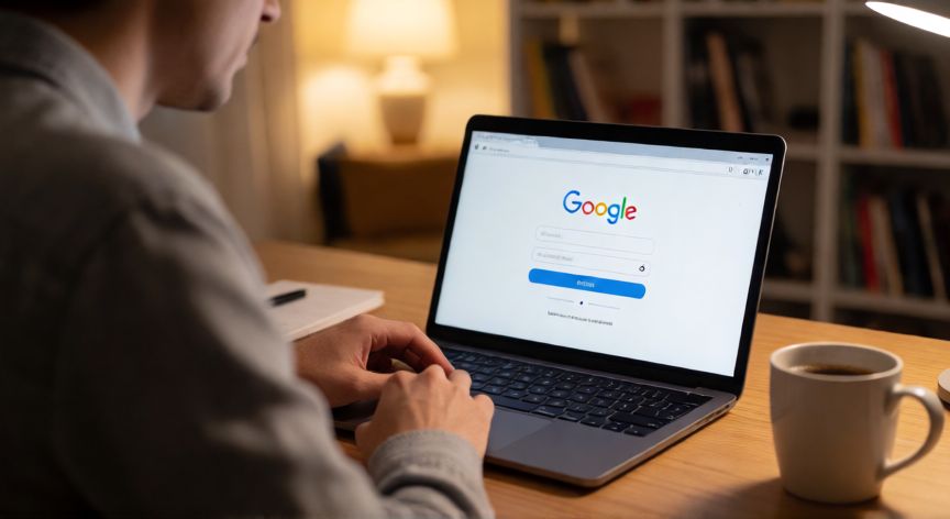 porque google cierra sesion solo, Persona confundida frente a un portátil mostrando la pantalla de inicio de sesión de Google
