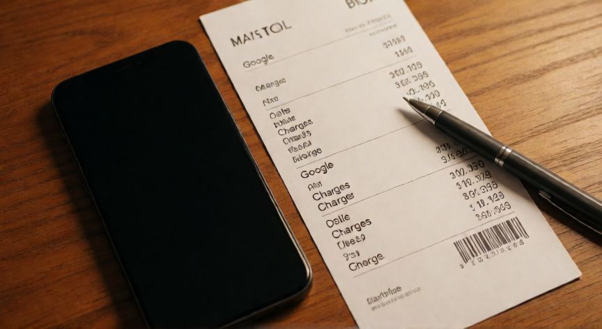 porque google cobra 20 pesos, Factura de telefonía móvil con cargo asociado a Google de 20 pesos sobre una mesa de madera