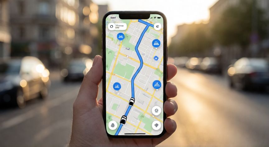 Smartphone mostrando app de navegación Waze con ruta y alertas de tráfico en tiempo real