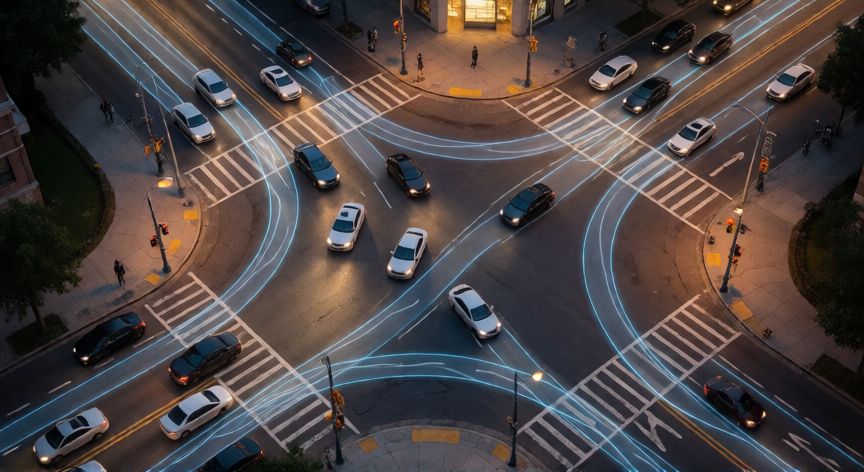 porque google compro waze, Vista aérea de una intersección urbana con flujos de tráfico y datos en tiempo real superpuestos