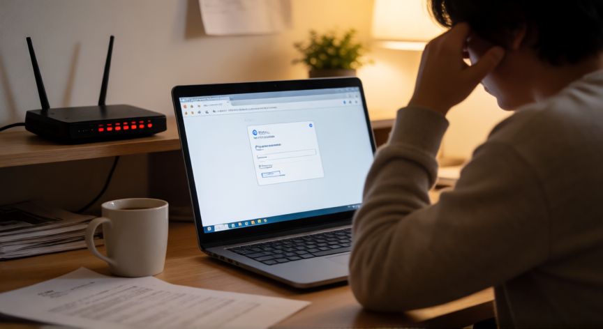 porque google deja de funcionar, Persona frustrada frente a un portátil mostrando error de conexión con el router parpadeando en segundo plano