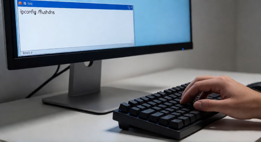 porque google deja de funcionar, Manos escribiendo comando de limpieza DNS en la consola de Windows sobre un escritorio minimalista
