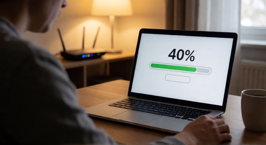 porque google descarga tan lento, Persona frustrada mirando una barra de descarga lenta en su portátil con un router al fondo