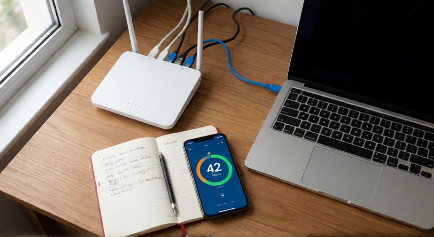 porque google descarga tan lento, Mesa de trabajo con router, portátil conectado por cable y móvil mostrando un test de velocidad
