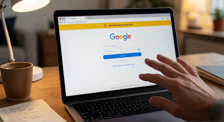 porque google detecta trafico inusual, Pantalla de alerta de actividad inusual en la sesión de Google sobre un portátil en una mesa de trabajo