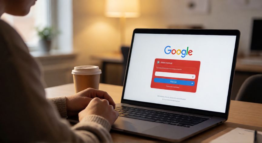 Persona frustrada frente a una pantalla de ordenador mostrando el error de Google que no encuentra la cuenta