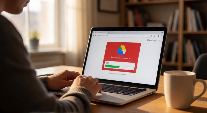 porque google drive no me deja subir archivos, Persona frustrada frente a un portátil con un error de subida en Google Drive