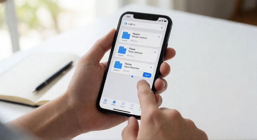 porque google drive no me deja subir archivos, Manos usando la app de Google Drive en un móvil para subir archivos