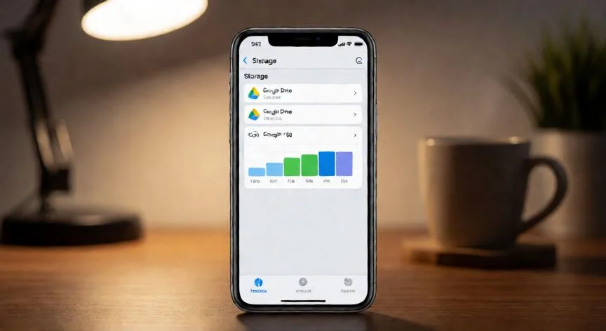 Pantalla del iPhone mostrando el uso de almacenamiento con Google Drive ocupando varios GB
