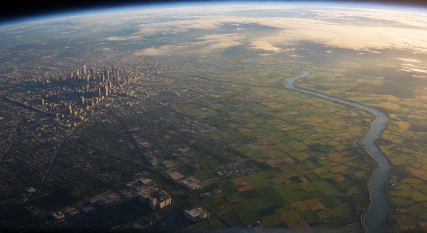 Vista satelital de una zona urbana y rural desde la órbita terrestre