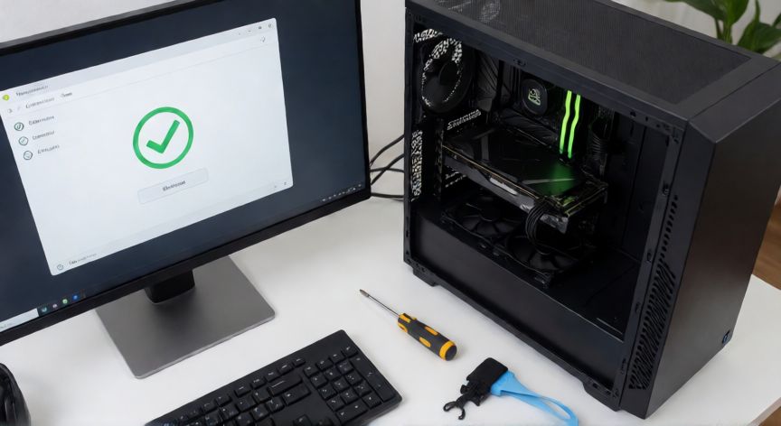porque google earth no carga, Mesa de trabajo con ordenador abierto mostrando componentes de hardware y diagnóstico en pantalla