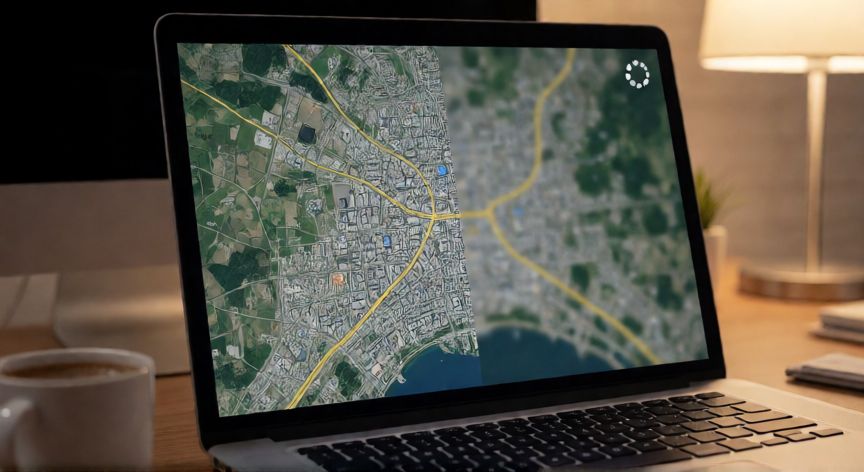 porque google earth se ve borroso, Pantalla de portátil mostrando Google Earth con media imagen nítida y media borrosa por carga incompleta