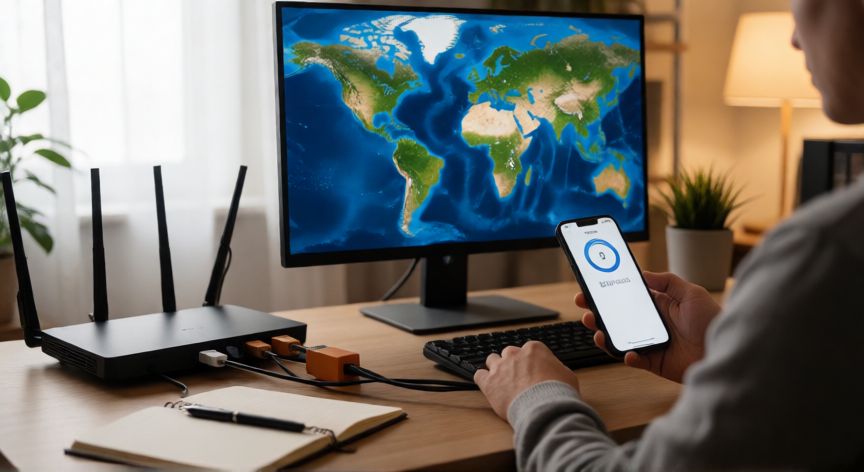 porque google earth se ve borroso, Persona revisando su conexión a internet junto a un monitor con vista satelital de Google Earth